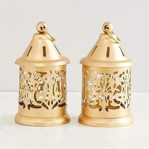 Vintage Tea Light candle Holder Lamp Gold Finish Metal Lantern Pair 2 pcs.webp