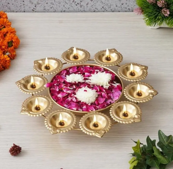 Metal Handcrafted Flower Decorative Urli with 10 Diyas _ Urli Bowl for Home Decor _ Urli for Floating Flowers _ Diwali Decoration.webp