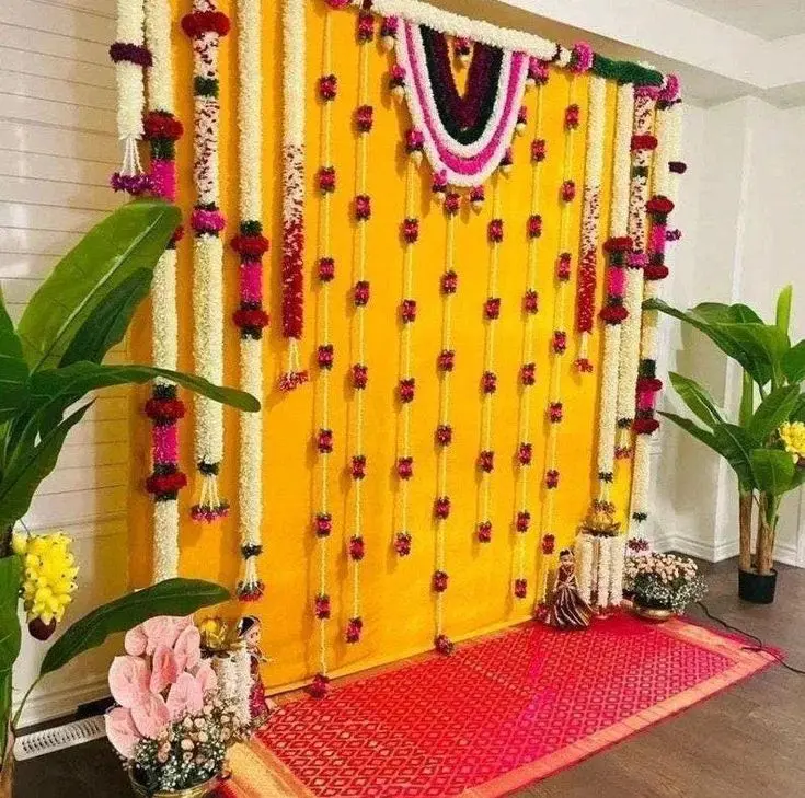 8_8 Feet fabric Garlands Complete Backdrop Set for Housewarming Decor _ Ganpati Decor _ Wedding Decor _ Haldi Decor.webp