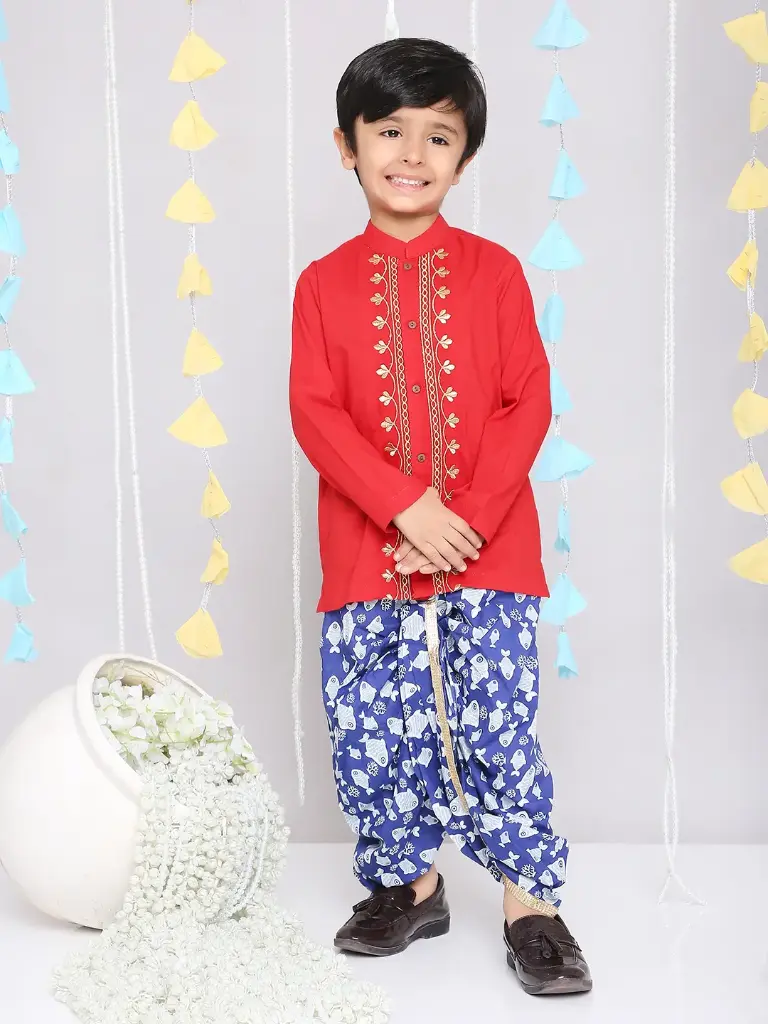 Yuvaan Boys Red Cotton Embroidered Kurta Dhoti