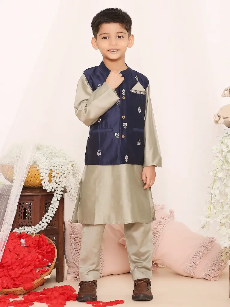 Laksh Boys Navy Blue Jacket Kurta Pyjama
