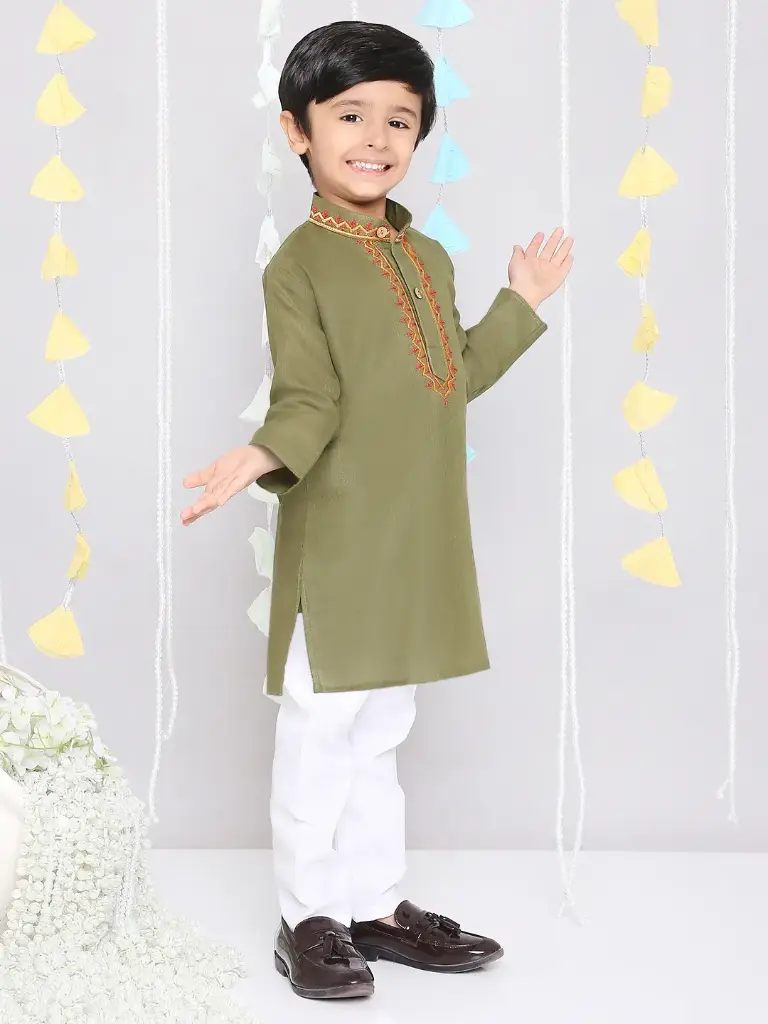 Devansh Boys Mehendi Green Embroidered Kurta with Pyjama