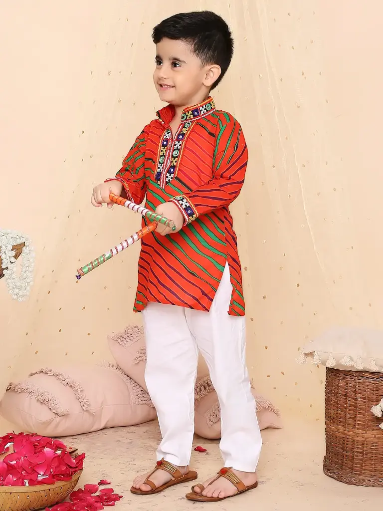 Anay Boys Red Cotton Dandiya Laheriya Kurta Pyjama 