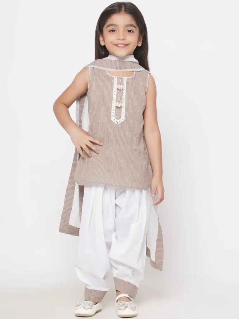 Aadhya Girls Beige Cotton Patiala Kurta Set with Dupatta