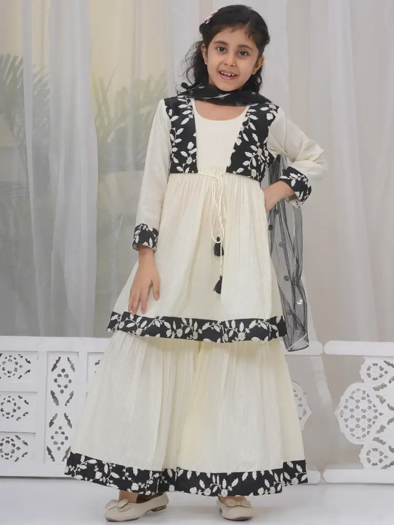 Ahaana Girls White Cotton Kurta with Sharara & Dupatta