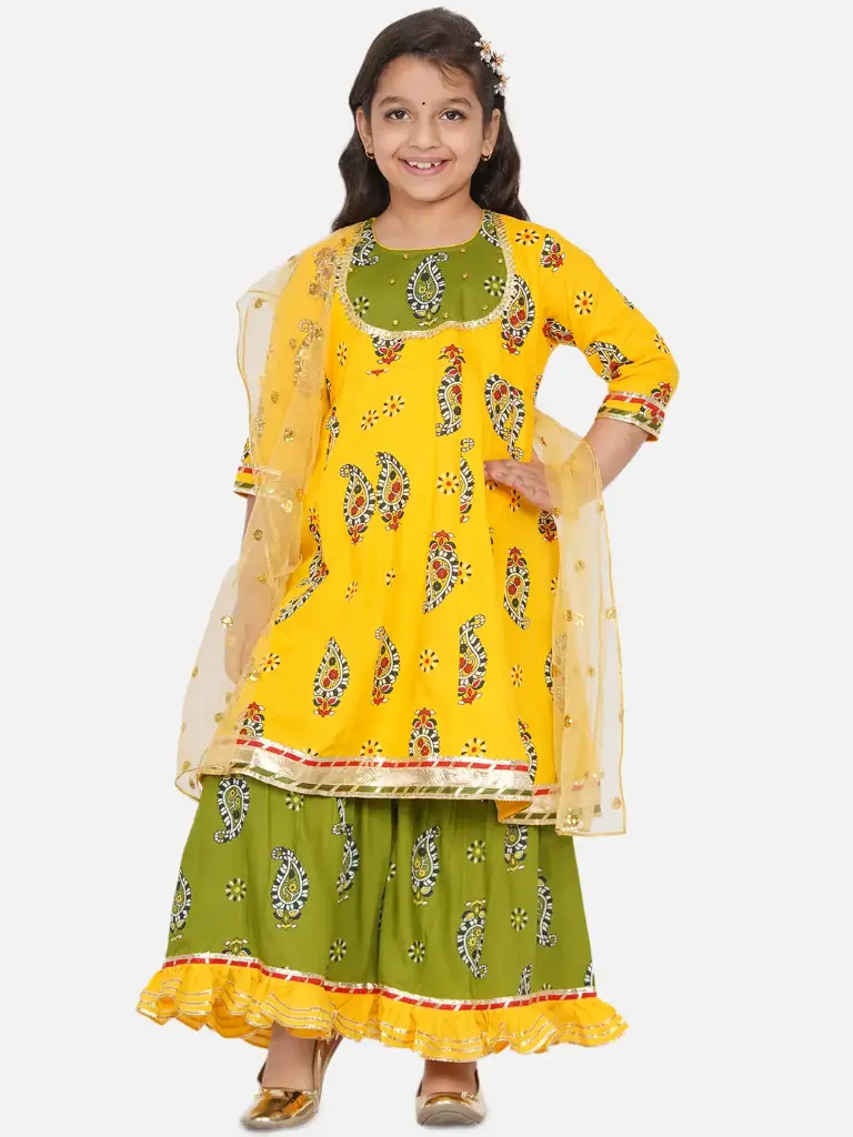 Ahira Girls Yellow Jaipuri Frill Sharara & Dupatta