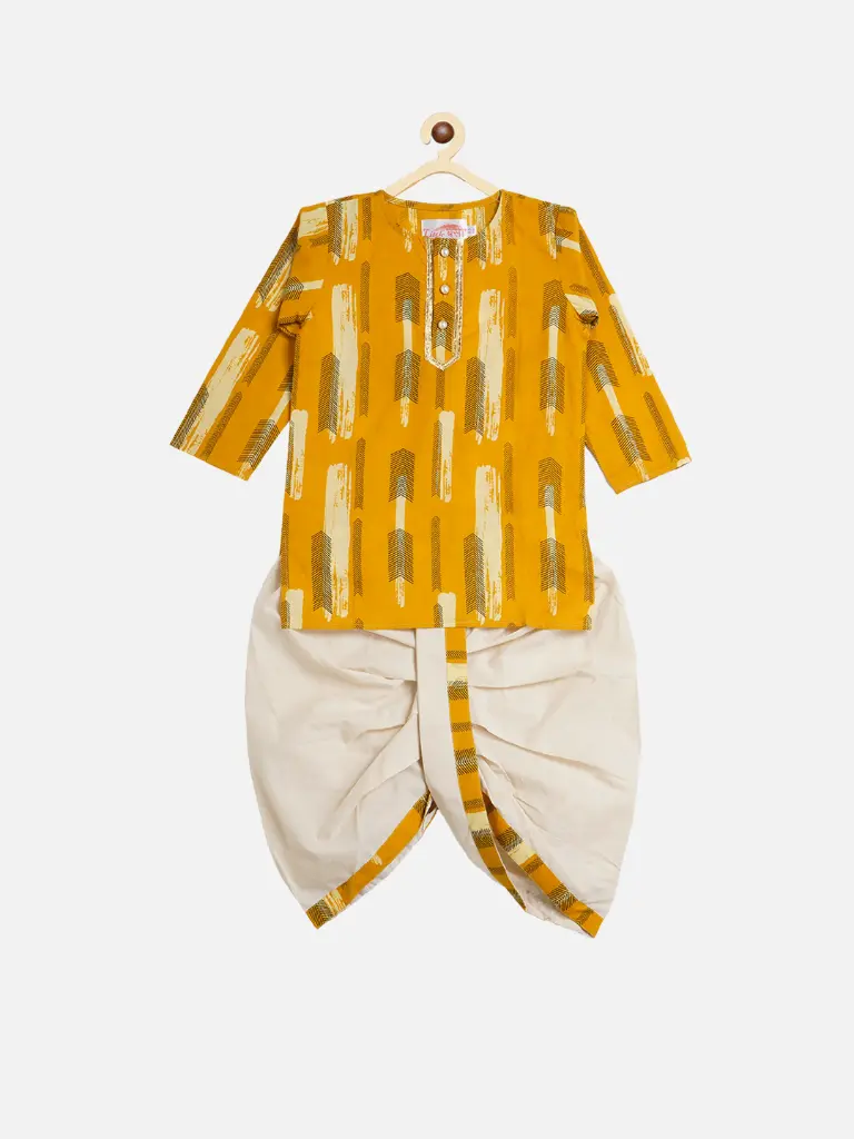 Aarav Boys Yellow & Beige Cotton Kurta Dhoti