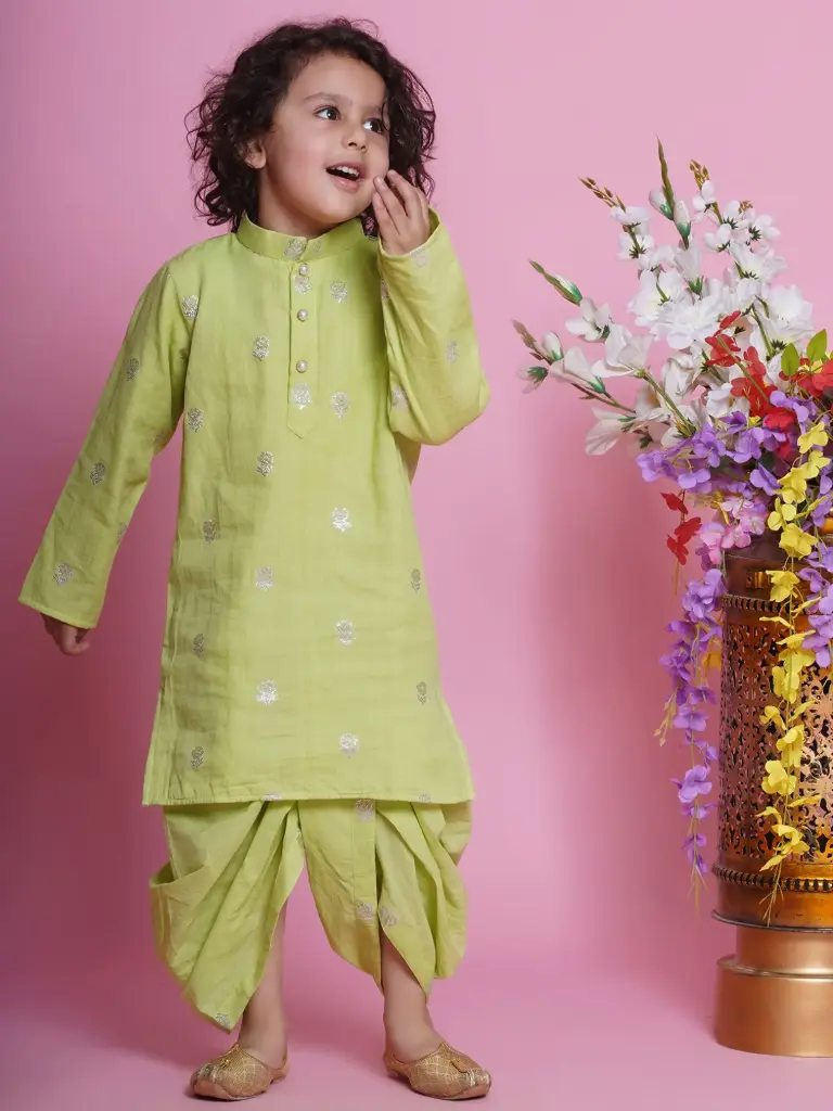 Ayaan Boys Green Cotton Kurta Dhoti