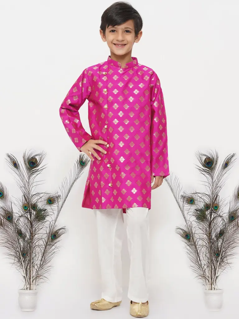 Vihaan Boys Magenta Banarasi Silk Sherwani Pyjama
