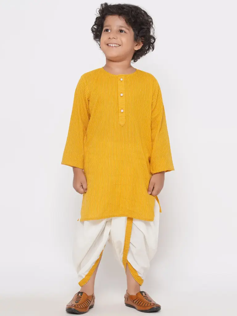 Atharv Boys Yellow Thread Work Kurta and Dhoti