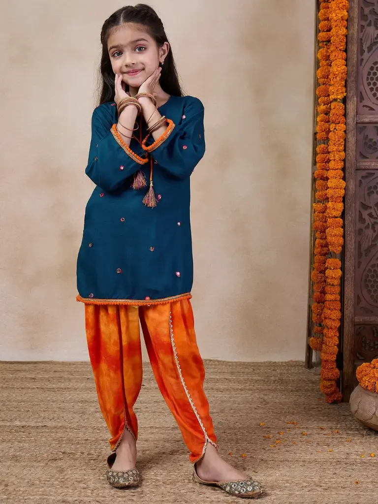 Vritika Girls Blue Kurta With Orange Dhoti Pants