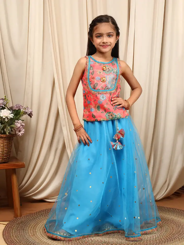 Ira Girls Peach & Blue Ready to Wear Lehenga