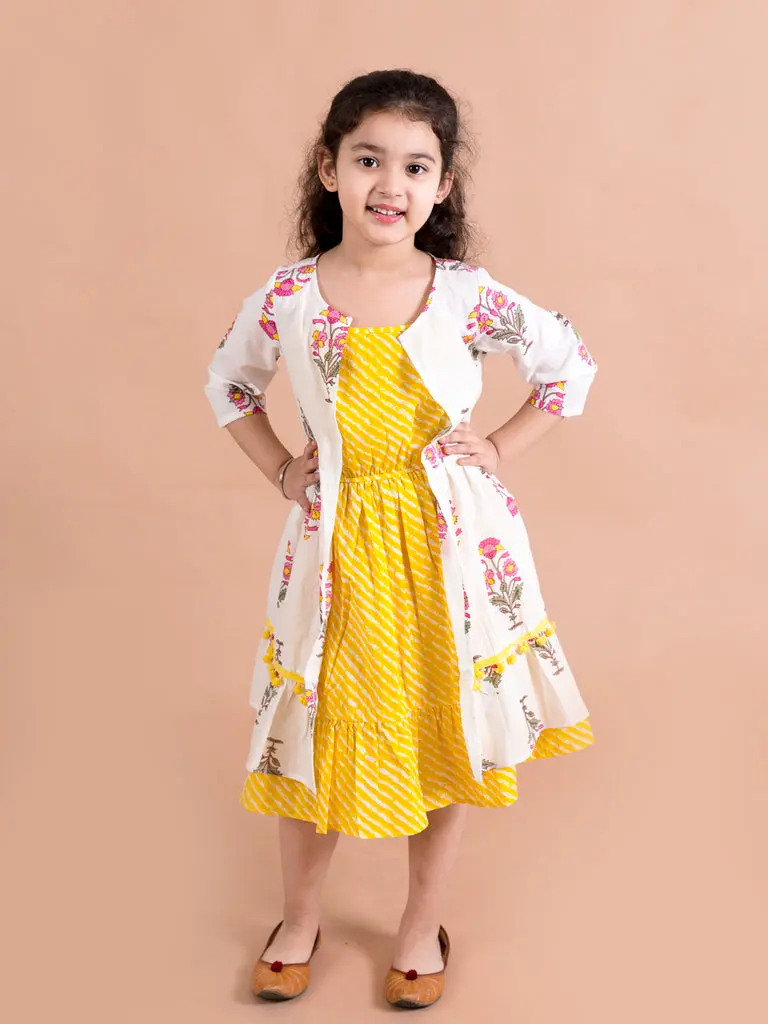 Reeva Girls Yellow & White Cotton Dress With Shrug 