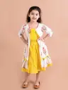 Reeva Girls Yellow & White Cotton Dress With Shrug 