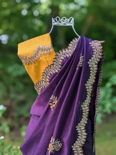 Madhuri Purple Saree with Yellow Blouse