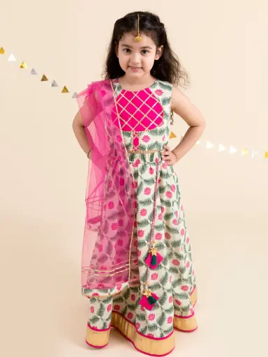 Ishika Girls Off White Lehenga & Blouse With Dupatta