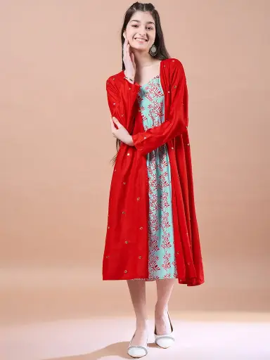Sanvika Girls Red Cotton Round Neck Dress With Shrug