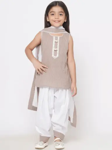 [LB409] Aadhya Girls Beige Cotton Patiala Kurta Set with Dupatta