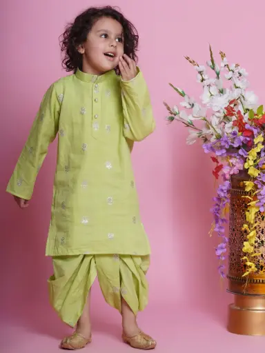[LB609FCA] Ayaan Boys Green Cotton Kurta Dhoti