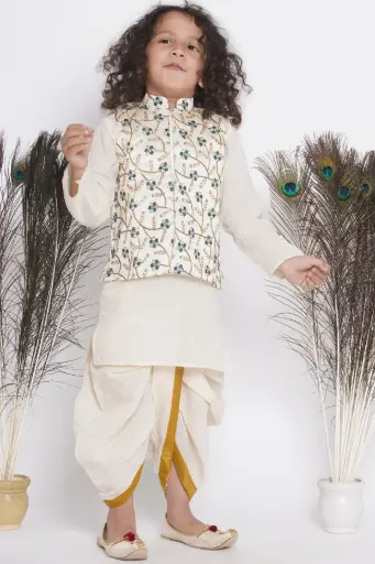[LB367] Dhruv Boys  Blue Silk Jacket with Kantha work  Kurta Pyjama