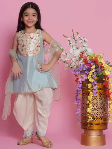 [LB580] Aleena Girls Blue Chanderi Kurta with Dhoti Salwar