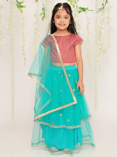 [K23LG268PCGR] Anvika Girls Peach and Teal Lehenga in Net