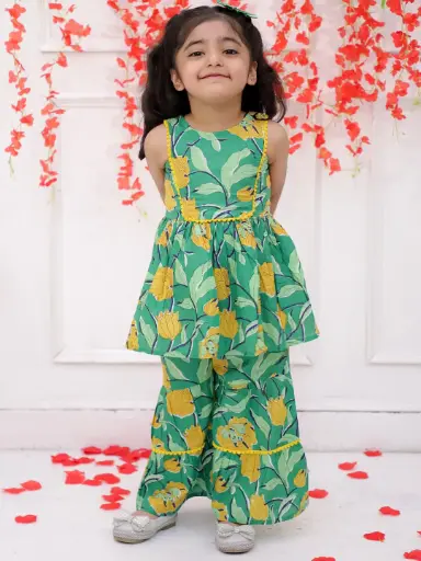 [K25SG518GR] Aradhya Girls Green Sharara 