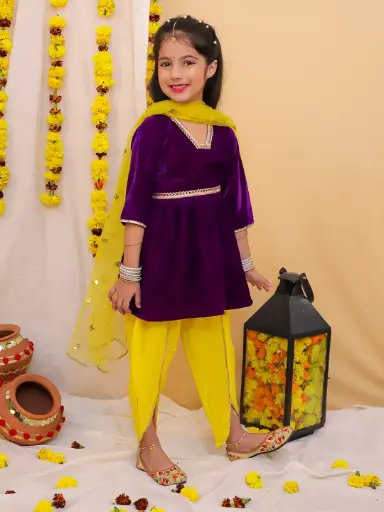 [K24DG494NVYE] Aryahi Girls Violet Velvet Dhoti Salwar