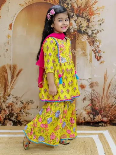 [K24SG448YE] Avika Girls Parrot Green Cotton Sharara Set