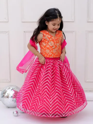 [K25LG503ORPI] Bhavika Girls Orange Magenta Lehenga