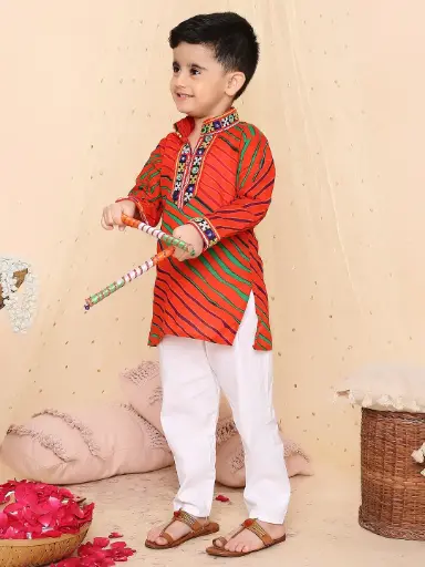 [K23KB391OR] Anay Boys Red Cotton Dandiya Laheriya Kurta Pyjama 