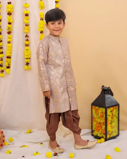 [K24SDB513BG] Omya Boys Beige Foil Print Sherwani Dhoti 