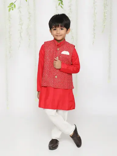 [K23PB357RD] Ivaan Boys Cream Shirt with Vesti