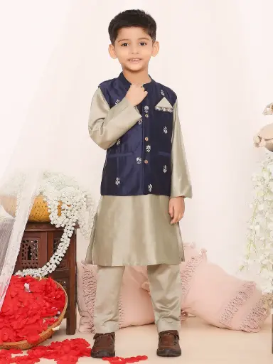[K24PB252BLGY] Laksh Boys Navy Blue Jacket Kurta Pyjama