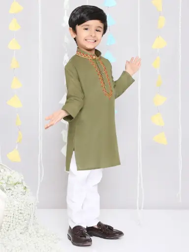 [K24PB432GR] Devansh Boys Mehendi Green Embroidered Kurta with Pyjama